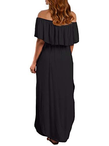 VERABENDI Women's Off Shoulder Summer Casual Long Ruffle Beach Maxi Dress with Pockets Black L - Image 3