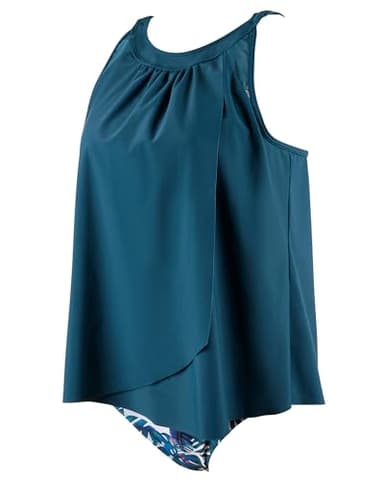 SUUKSESS Women Slimming Tummy Control Tankini Bathing Suits Ruffle High Waisted High Neck 2 Piece Swimsuits(Blue Floral,L) - Image 6