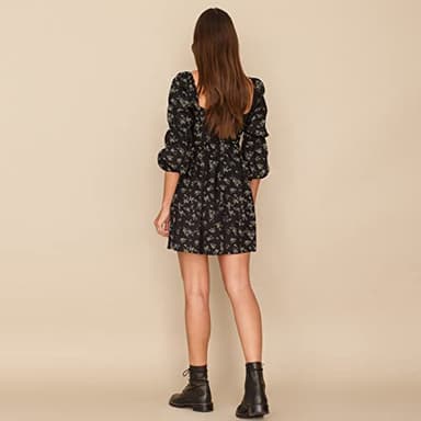 EXLURA Womens Square Neck Dress Long Puff Sleeve A-Line Casual Short Mini Dress Black Floral - Image 5