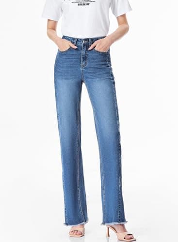 Sidefeel Women's Wide Leg Jeans High Waisted Stretchy Raw Hem Denim Pants Size 4 Blue - Image 4