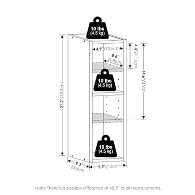 Furinno Fulda Book Shelf, 2-Tier Modern Narrow Bookshelf, 6-in Width Bookcase, 9.3" x 5.9" x 21.2", for Living Room, Bedroom, Home Office, White - Image 3