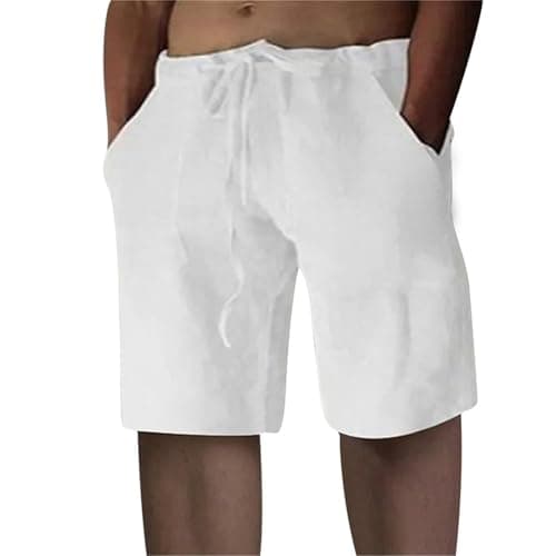 Puimentiua Linen Shorts for Men, Lightweight Elastic Waist Summer Beach Mens Casual Linen Shorts White-M - Image 1
