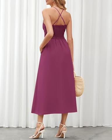 BTFBM Women 2025 Summer Spaghetti Strap Midi Dress Sleeveless V Neck Cutout Slit Casual Beach Party Maxi Dresses Pockets(Purple, Large) - Image 5