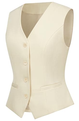 V VOCNI Women's Vest Fully Lined 4 Button V-Neck Sleeveless Dressy Casual Suit Vest Waistcoat Beige Medium - Image 3
