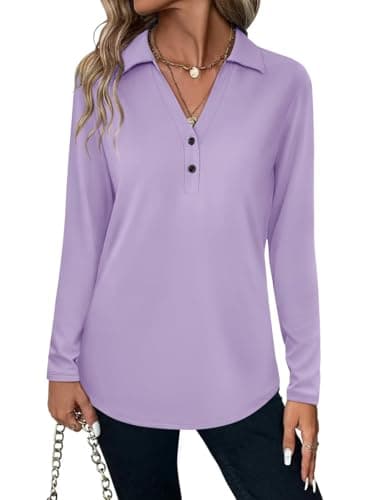 TICTICMISS Women's Collared V Neck Tops Long Sleeve Shirts Button Basic Casual Tunic Blouses Purple