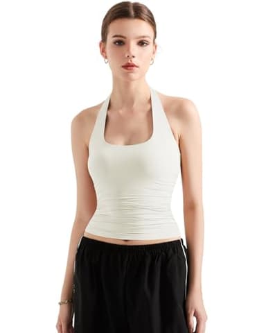 SUUKSESS Women Halter Tank Tops Double Lined Basic Backless Y2K Trendy Going Out Tops (Cream White,S) - Image 5
