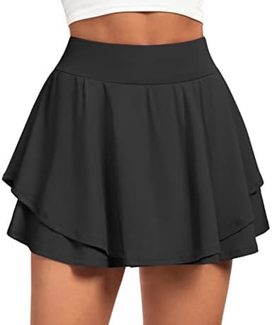IUGA Tennis Skirt Pleated Skorts for Woman Double Ruffle Golf Skirts for Women Skort with Pockets Tummy Control Athletic Black - Image 1