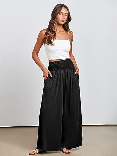 ANRABESS Women Palazzo Pants Summer Boho Bagyy Wide Leg High Smocked Waist Casual Loose Lounge Pant with Pocket Black X-Large - Image 3