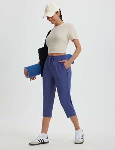 baleaf Womens Yoga Capri Pants with Zipper Pockets Summer Drawstring Capris Joggers Lounge Crop 19" Navy M - Image 7