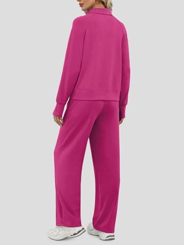 Casly Lamiit Fall Two Piece Sets for Women Airport Attire Wide Leg Sweatpants Lounge Elegant Matching Cute Travel Outfits for Long Flights Rose Red L - Image 5