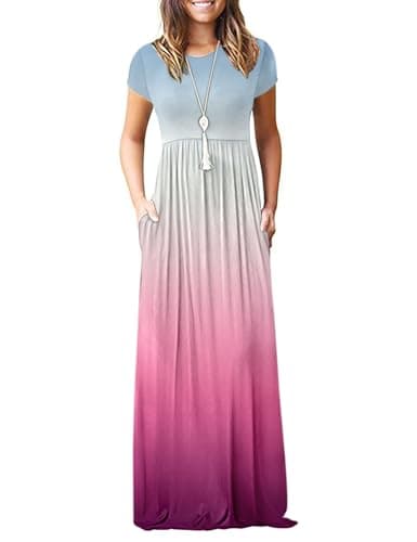 AUSELILY Women's Short Sleeve Loose Plain Casual Long Maxi Dresses for Women 2025 (XL, BU GY VTGradient) - Image 1