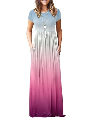 AUSELILY Women's Short Sleeve Loose Plain Casual Long Maxi Dresses for Women 2025 (XL, BU GY VTGradient) - Image 1