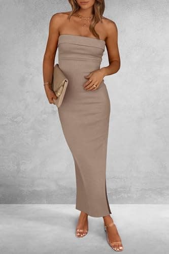 PRETTYGARDEN Women's Summer Bodycon Maxi Tube Dress Ribbed Strapless Side Slit Long Going Out Casual Elegant Party Dresses (Khaki,Small) - Image 6