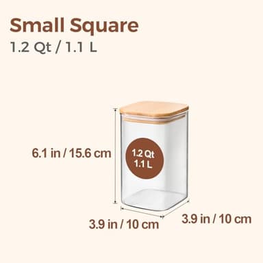 ComSaf 1.2 QT Glass Storage Containers with Lids, Glass Jars with Lids, Clear Food Jar, Square Canister Set of 6, Pantry Organizers and Storage for Cookie Flour Oat Pasta Tea Coffee Bean - Image 2