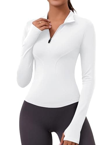 Womens Long Sleeve Workout Crop Tops Quick Dry Golf Shirt Quarter Zip Pullover Yoga Athletic Slim Fit Shirts(White,Medium) - Image 1