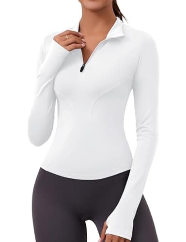 Womens Long Sleeve Workout Crop Tops Quick Dry Golf Shirt Quarter Zip Pullover Yoga Athletic Slim Fit Shirts(White,Medium) - Image 1