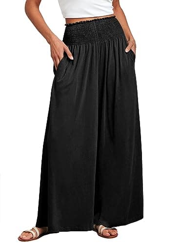 ANRABESS Women Palazzo Pants Summer Boho Bagyy Wide Leg High Smocked Waist Casual Loose Lounge Pant with Pocket Black X-Large - Image 1