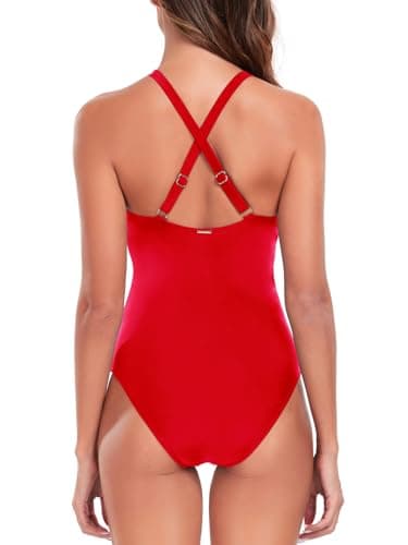 RELLECIGA Red Women's High Neckline One Piece Swimsuit Criss Cross Back Bathing Suits Size X-Large - Image 5