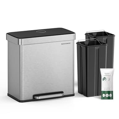 SONGMICS Kitchen Trash Can, 16 Gallon (2 x 8 Gallon) Dual Compartment Garbage Can, 60L Pedal Recycling Bin, Stays Open and Soft Close, Stainless Steel, 15 Bags Included, Metallic Silver ULTB202E01 - Image 1