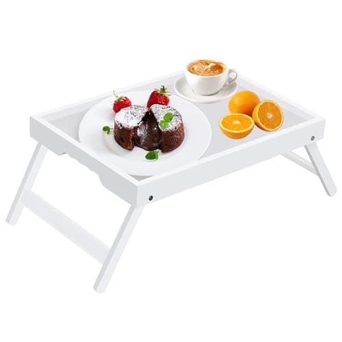 Artmeer Bed Tray Table with Folding Legs,Bamboo Breakfast in Bed for TV Table, Laptop Computer Tray,Eating,Snack Tray (White) Large Size - Image 1