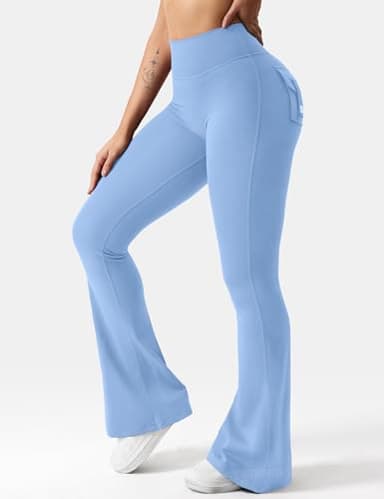 YEOREO CoreFlex Flare Leggings with Pockets for Women Scrunch Workout Leggings Butt Lifting Gym Yoga Pants Light Blue - Image 4