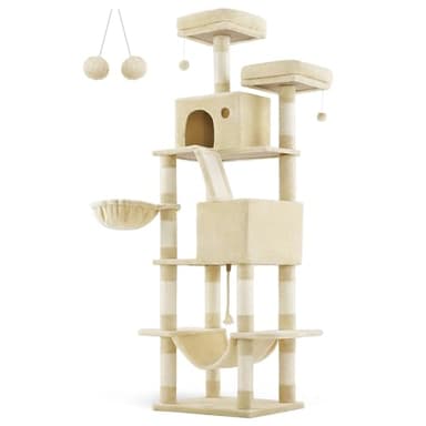 Feandrea Cat Tree, 81.1-Inch Large Cat Tower with 13 Scratching Posts, 2 Perches, 2 Caves, Basket, Hammock, Pompoms, Multi-Level Plush Cat Condo for Indoor Cats, Beige UPCT190M01 - Image 8