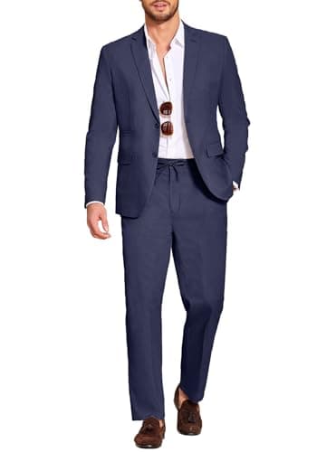 COOFANDY Mens Casual Linen Blazer and Pants 2 Piece Suits Lightweight Beach Wedding Prom Homecoming Suit Set Navy Blue - Image 1