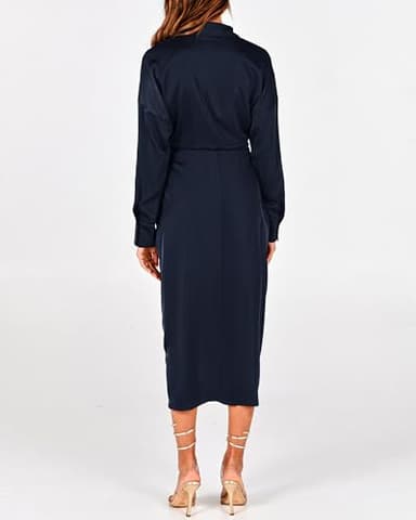 BTFBM Maxi Dresses for Women Fall 2025 Long Sleeve Lapel Neck Button Down Elegant Satin Belted Ruched Summer Shirt Dress(Navy, Medium) - Image 6