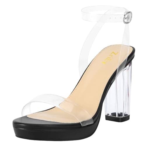 ZriEy 4-Inch Platform Clear High Heels for Women Block Chunky Heeled Sandals Open Toe Ankle Strap Heels Wedding Party Evening Prom Dress Pump Sandals Shoes Black Clear Size 5 - Image 1