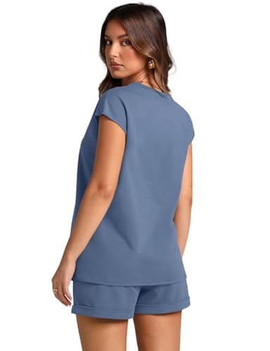 WIHOLL Summer Outfits for Women 2025 Trendy Cap Sleeve Tops Plus Size Petite Lounge Sets Spring Comfy Travel Matching Sets Clothing Conjuntos De 2 Piezas Para Mujer Blue L - Image 5