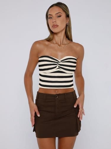 EFAN Womens Tube Tops Fall Fashion Summer Outfits 2025 Casual Beach Vacation Clothes Sweaters Strapless Sleeveless Tank Tops Striped Apricot M - Image 2