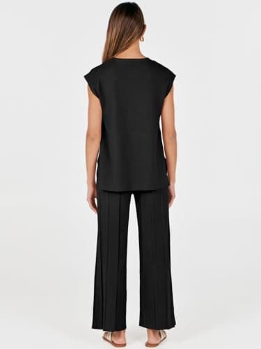 ANRABESS Women 2 Piece Lounge Sets Summer Casual Knit Sweater Vest Pant Set Beach Vacation Airport Clothes 2025 Fall Outfits Black Medium - Image 5