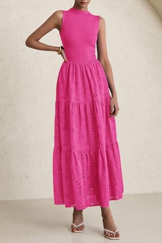 PRETTYGARDEN Summer Dresses for Women 2025 Casual Eyelet Sleeveless Wedding Guest Maxi Dress Tank Top Sundress with Pockets (Rose Red,Small) - Image 4