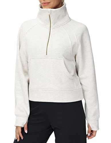 THE GYM PEOPLE Women's Half Zip Pullover Sweatshirt Fleece Stand Collar Crop Sweatshirt with Pockets Thumb Hole Off-white - Image 1