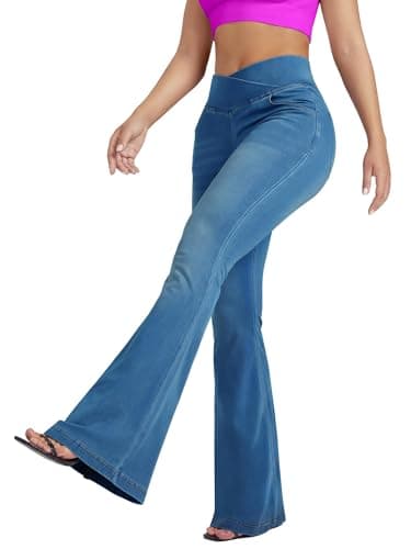 BlueRose Flare Jean Leggings for Women,Bell Bottom Jeans for Women Knit Crossover High Waisted Bootcut Jean Blue - Image 4