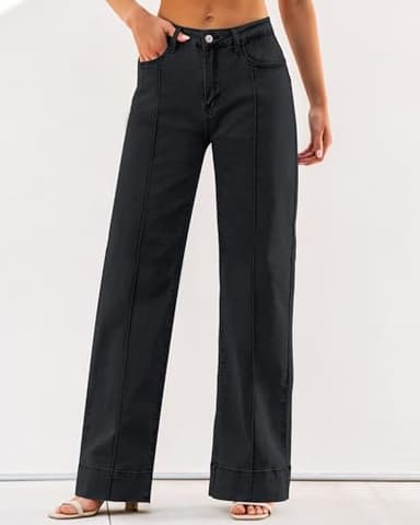 Luvamia Wide Leg Jeans - Black Trousers Pants for Women, Straight Leg, Baggy, Y2K Western Outfit, Size Medium (8-10) - Image 4