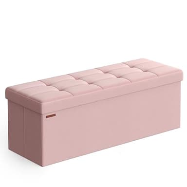 SONGMICS MAZIE Collection - 43 Inches Folding Storage Ottoman Bench, Ottoman Foot Rest, End of Bed Bench, Storage Chest, Load 660 lb, for Living Room, Bedroom, Entryway, Jelly Pink ULSF077R11 - Image 1