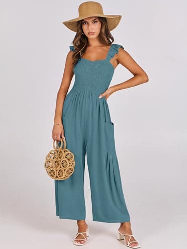 ANRABESS Women Summer Casual Dressy Sleeveless Smocked Wide Leg Linen Jumpsuits Rompers 2025 Trendy Travel Outfit Pocket Gray Blue Medium - Image 2