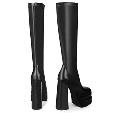 wetkiss Black Platform Knee High Boots Women Black Women's Knee-high Gogo Boots Chunky Long 70s Boot Stretch Leather Square Toe Party Festival Cosplay Halloween - Image 3