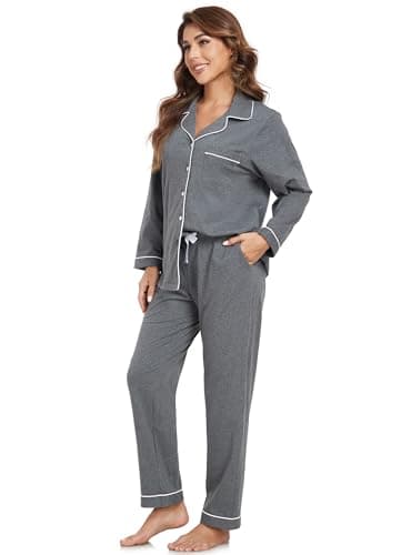 EA'S SECRET Womens Cotton Pajama Sets Long Sleeve Sleepwear Soft Button Down Loungewear Nightwear Pjs Set with Pocket S-XXL (Deep Grey,L) - Image 5