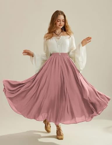 Women Elastic High Waist Swing Maxi Flowy Summer Long Skirt Dusty Rose M - Image 9