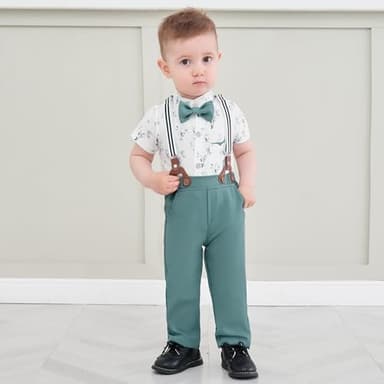 SOLOYEE Baby Boy Clothes Suits 6-9 Months Infant Wedding Formal Gentleman Outfits, Short Sleeve Shirt+Bowtie+Beret+Suspender Pants Clothing Set - Image 2