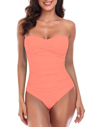 RELLECIGA Women's Orange-Pink Tummy Control Swimwear Strapless One Piece Swimsuit for Women Size Small - Image 1