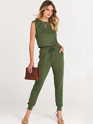 ANRABESS Womens Summer Sleeveless Jumpsuits Casual Dressy Stretchy Crewneck Rompers One Piece Outfits Fall Fashion 2025 Army Green Small - Image 7