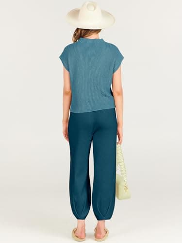 ANRABESS Women's Two Piece Outfits Knit Sweater Vest Crop Top Pants Lounge Matching Tracksuit Sweatsuit Travel Clothes Sets Blue X-Large - Image 4