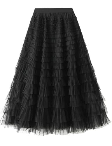 Flygo Women's Long Maxi Tulle Skirts A Line Ruffle High Waisted Tiered Layered Mesh Tutu Skirt Petticoat(Black-XL) - Image 5