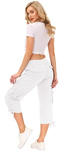 MoFiz Womes Cargo Hiking Capri Pants Lightweight Quick Dry Running Athletic Casual Outdoor Button Pockets Rice White L - Image 6