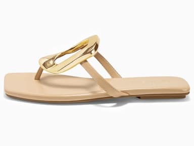 Coutgo Womens Flat Sandals Dress Slide Sandals Thong Summer Beach Shoes with Metal Decorationn,Light Khaki,size 6 - Image 4