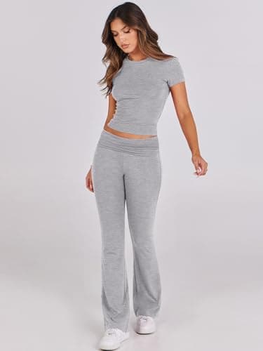 ANRABESS Lounge Sets for Women 2 Piece Foldover Yoga Flare Leggings Pants Crop Tops Casual Y2K Outfits Matching Tracksuit Set Grey Grey Medium - Image 8