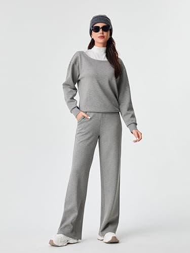 AFITNE 2 Piece Outfits for Women Long Sleeve Off-Shoulder Pullover Tops Wide Leg Sweatpants Pull On Pants Sets Stretchy Trendy Tracksuits with Pockets Fashion Mathching Sweatsuits Grey L 29" - Image 7